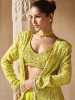 Neon Yellow Real Georgette Shrug Style Lehenga Choli